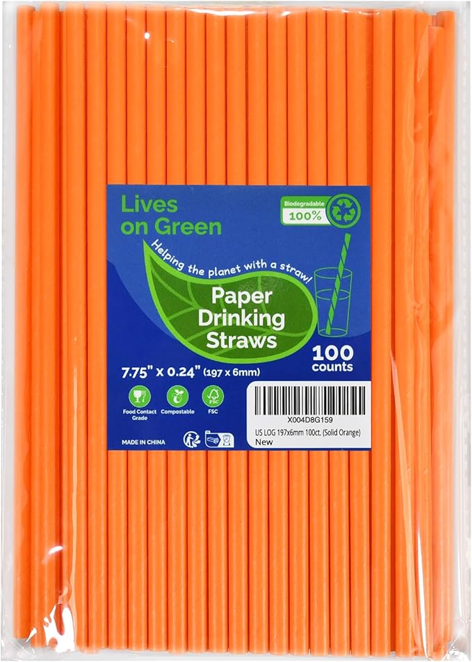 7.75 inch Solid Orange Paper Drinking Straws Unwrapped 100 Counts for Cocktail, Bar, Restaurants, Water, Juice, Soda