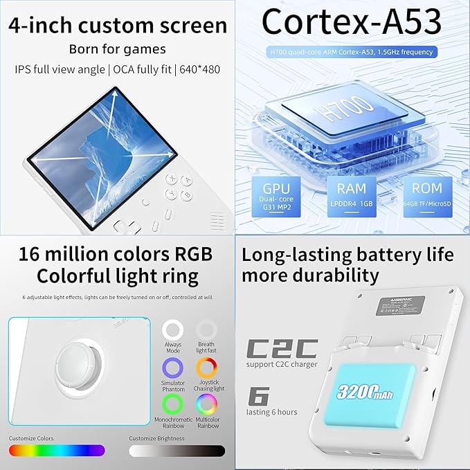 RG40XX V Handheld Game Consoles RG40XXV Retro Game Console Built-in 64G TF Card Preloaded Games 5000+ RG 40XXV Portable Gaming Console Linux 64-bit Supports WiFi Bluetooth HD Output White