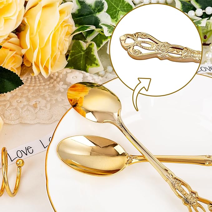 30PCS Gold Plastic Spoons - Gold Soup Spoons Disposable - 8.1 Inch Heavy Duty Plastic Silverware - Heavyweight Elegant Disposable Utensils for Catering, Parties, Dinners, Weddings