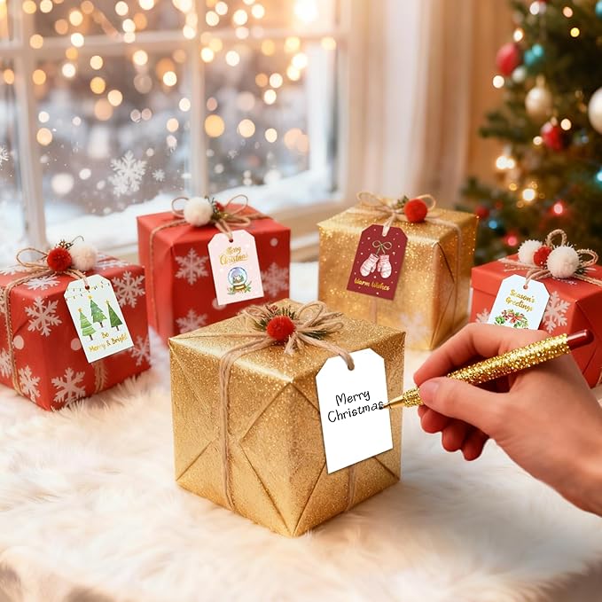 48 Pcs Christmas Gift Tags, Watercolor Christmas Hanging Tags Label Gold Foil with Hemp Rope Xmas Present Tag for DIY Xmas Holiday Present Wrapping Decorations, 6 Styles