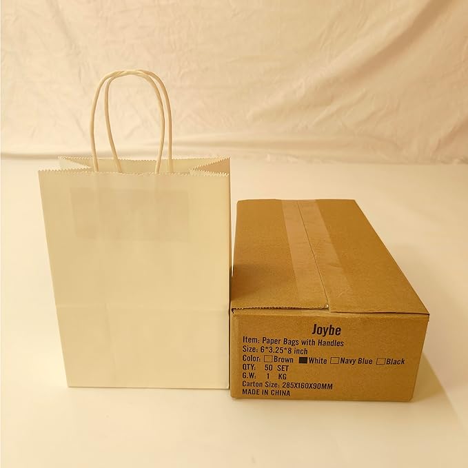 Joybe 50 Pack 6x3.25x8 Inch Small White Paper Bags with Handles Bulk, Kraft Paper Gift Bags for Birthday Party Favors Grocery Retail Shopping Business Goody Merchandise Craft Blank Sacks (50pcs)