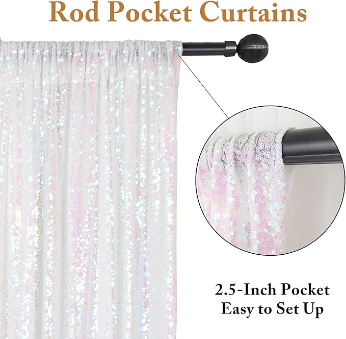 ShinyBeauty Sequin Backdrop 2FTx8FT Iridescent White 2 Pieces White Sequin Back Drop Glitter Background Sparkly Backdrop for Photograph Decorations