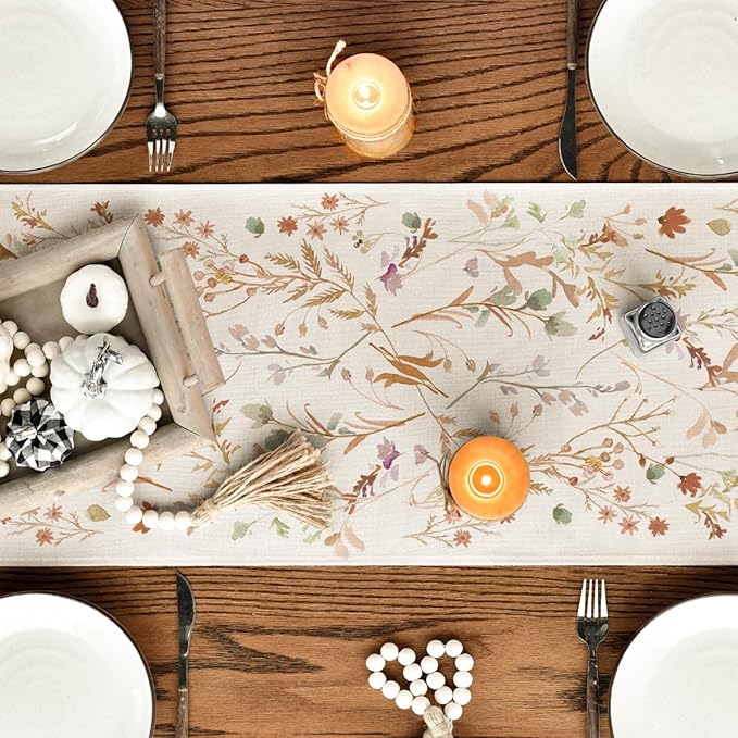 Artoid Mode Floral Leaves Fall Table Runner, Wild Flowers and Grasses Seasonal Autumn Kitchen Dining Table Decoration for Home Party Decor 13x120 Inch