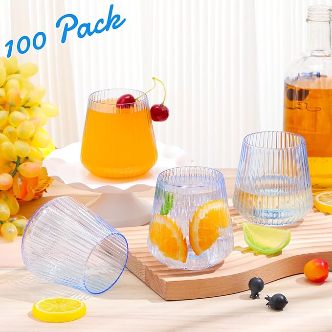 Suclain Plastic Wine Glasses Ribbed Stemless Wine Glasses 14oz Vertical Design Unbreakable Cups for Outdoor Indoor Vintage Elegant Champagne Whiskey Cups for Party Wedding(Blue,100 Pcs)