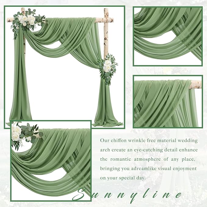 Wedding Arch Draping Fabric 4 Panels 20Ft length x 28" width Sage Green Arch Drapes Chiffon Fabric Sheer Curtains Backdrop for Party Bridal Decorations Wedding Ceremony Ceiling Stage Reception Decor