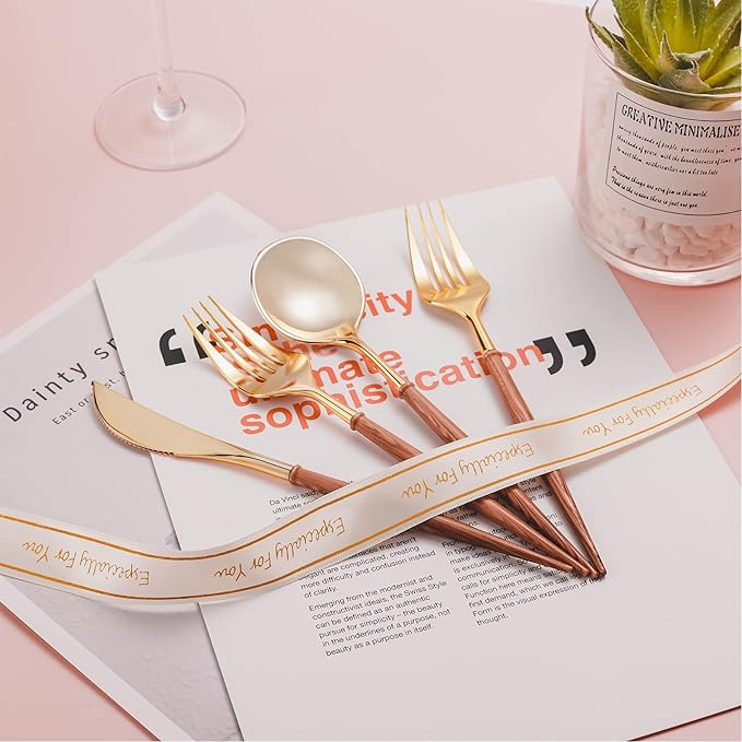 Lullaby 60pcs Gold Plastic Silverware, Gold Disposable Cutlery with Wood Grain Handle Include 20 Forks, 20 Spoons, 20 Knives, Elegant Disposable Silverware for Wedding, Party, Gathering, Daily Use