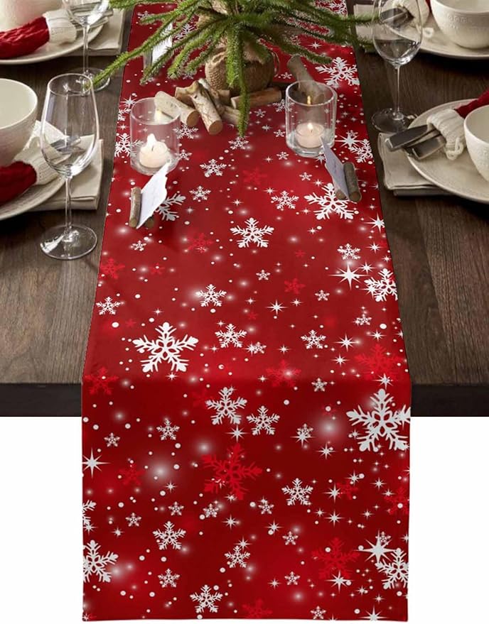 Christmas Snowflakes Cotton Linen Table Runner for Dining Kitchen, Red Xmas Winter Snow Wedding Outdoor Party Tablerunners Decoration, New Year Dresser Scarf Coffee Tablecloth Runners 13x48 Inches
