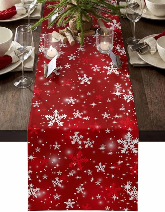 Christmas Snowflakes Cotton Linen Table Runner for Dining Kitchen, Red Xmas Winter Snow Wedding Outdoor Party Tablerunners Decoration, New Year Dresser Scarf Coffee Tablecloth Runners 13x36 Inches