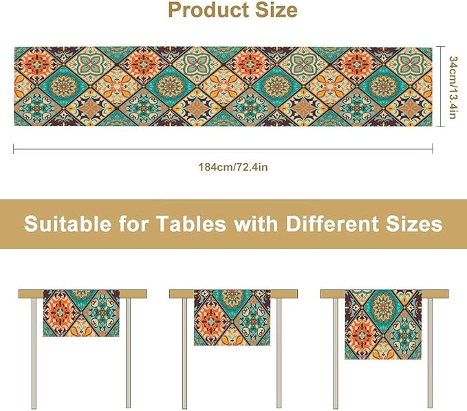 Bohemian Patchwork Table Runnerboho Colorful Tile Patchwork Indian Floral Print Table Runner for Home Kitchen Indoor Outdoor Party Wedding Decor, 13x120inch