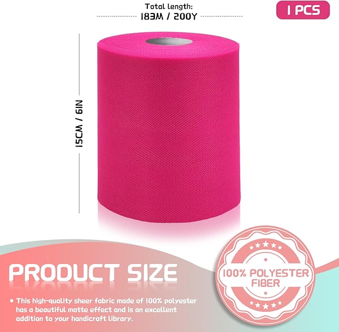 6" x 200 Yards Fuchsia Tulle Fabric Rolls, Hot Pink Spool Tulle Ribbon for DIY Tutu Skirt Wedding Decoration Baby Shower Birthday Party Backdrop Gift Wrapping Bow Craft Supplies
