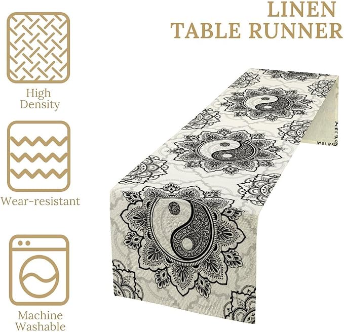 Yin Yang Table Runner, Bohemian Mandala Vintage Black White Traditional Oriental Floral Print Table Runner for Home Kitchen Dining Table Wedding Party Decor, 13x120inch