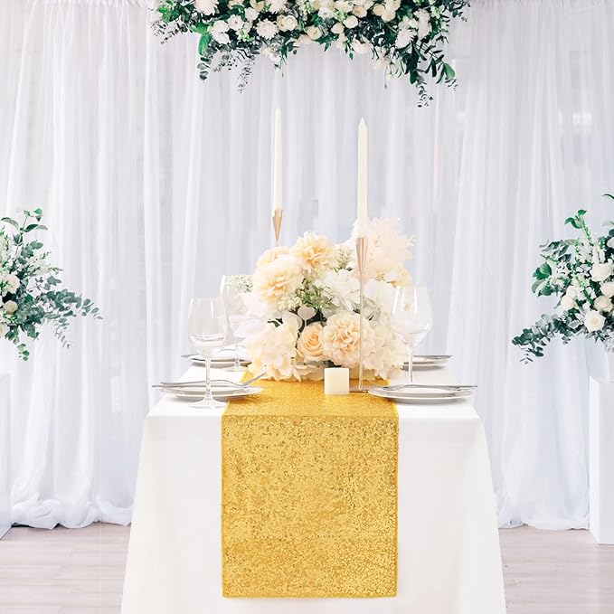 Gold Table Runners 10 Packs 12x108 Inches Sequin Dining Glitter Table Runner for Wedding Baby Shower Party Birthday Supplies Decorations