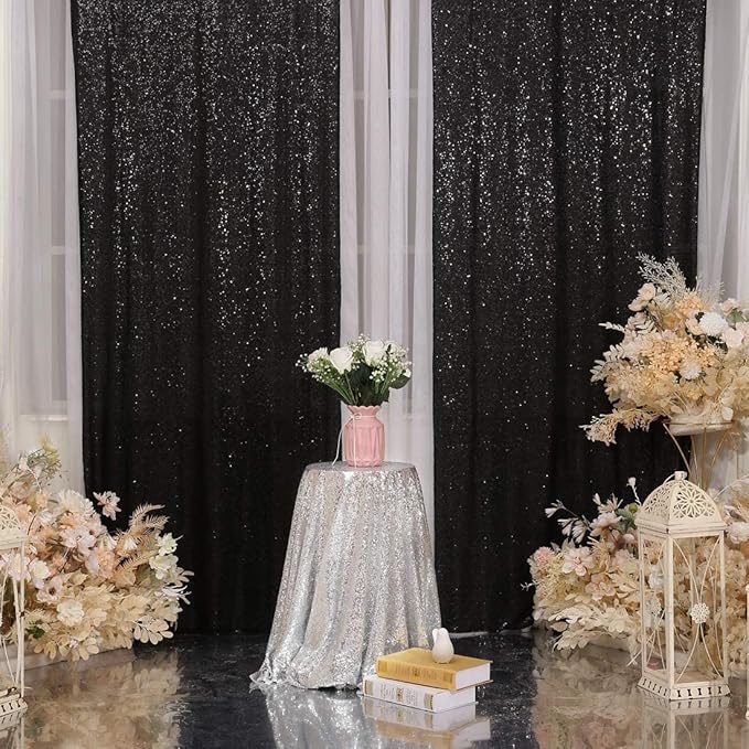 Juya Delight Black Sequin Backdrop Curtain,4PCS 2FTx8ft Glitter Backdrop Curtain for Party,Birthday,Christmas Wedding Decoration