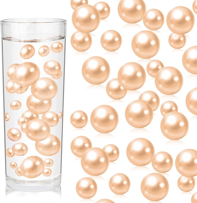 100PCS Champagne Faux Pearls Beads for Centerpiece Vases, Vase Filler Faux Pearls, No Holes Filler Beads for Party Anniversary Birthday Wedding Table Decor, 14/20/30mm