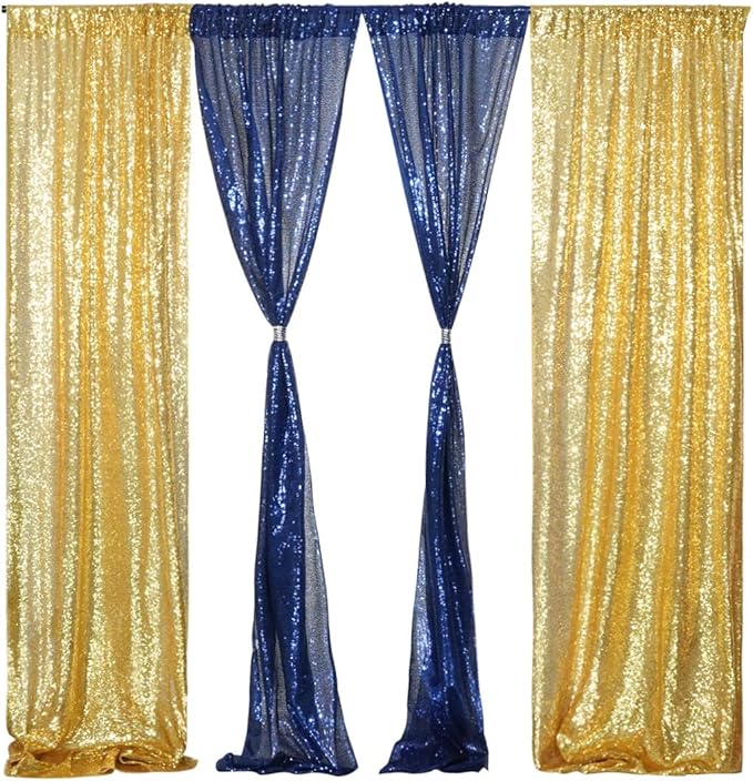 4 Panels Gold&Blue Sequin Backdrop Curtain 2FTx8FT Glitter Sequin Backdrop Curtains for Birthday Party Wedding Decoration
