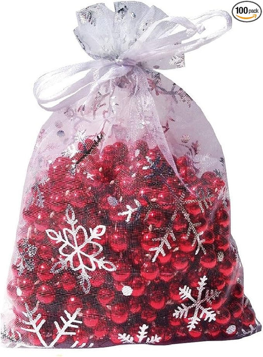 Wudygirl 100pcs 5X7 Inches Xmas Drawstring Organza Bag Snow White Pouches Party Wedding Favor Seashell Chocolates Bags (100pcs Snowflake 5x7) (Snowflake)