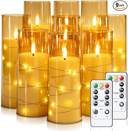 Raycare Flameless Candle with Remote Timer – 9 Flickering Acrylic Battery Operated LED Pillar Candles with Embedded Star String for Halloween, Home Decor, and as a Gift(Glod)