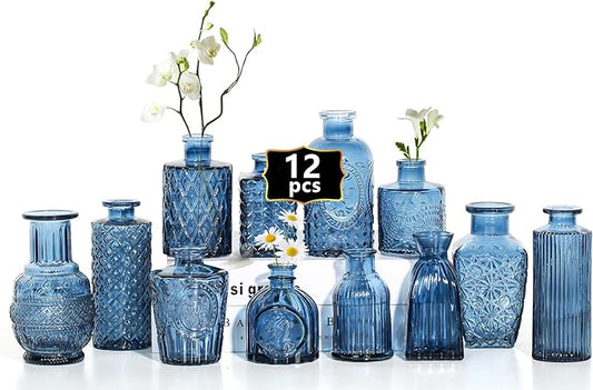 Mini Bud Vases As Wedding Centerpieces for Tables,Clear Bud Vases for Flowers,Small Flower Vases Suitable for Birthday Party,Anniversary,Wedding Reception,Baby Shower (Blue, 12PCS)
