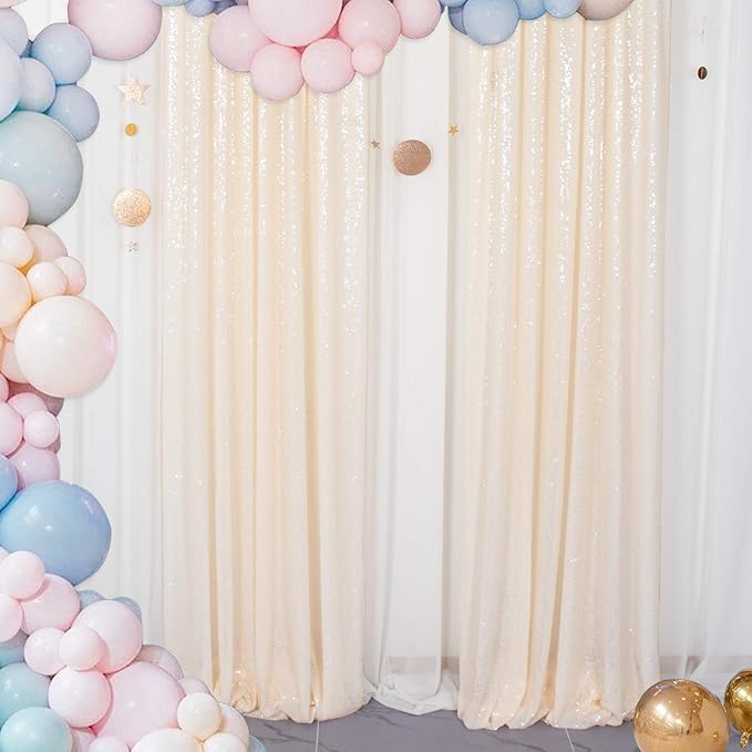 ShinyBeauty Ivory Backdrop 2FTx8FT Sequin Curtains 8 Pieces Photo Backdrops Glitter Photograph Background Beige Curtain Panles for Birthday/Baby Shower/Prom Decorations