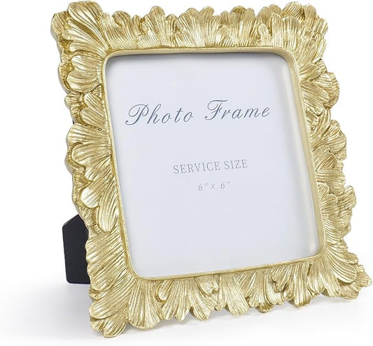 Cuspin 6x6 Gold Picture Frame, Vintage Gold Palm Leaves Textured Hand-Crafted Resin Frames with Glass Front, Retro Square Photo Frame for Wall and Tabletop Display Home Decor