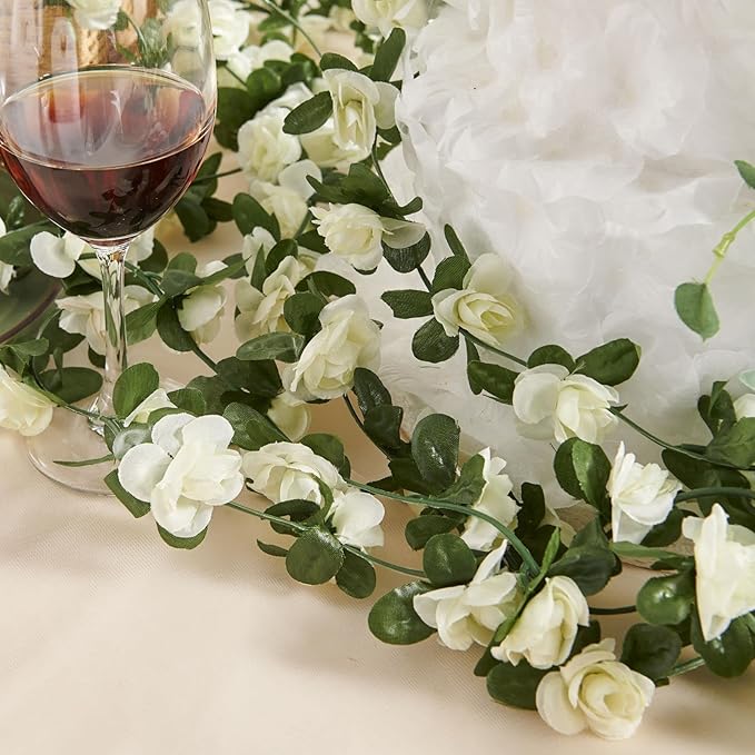 8 Pcs x 8.2 ft Flower Garland Artificial Rose Vine Flowers with Green Leaves Hanging Fake Roses Vine for Room Party Home Wedding Birthday Christmas Wall Arch Decor, Spring White Flower