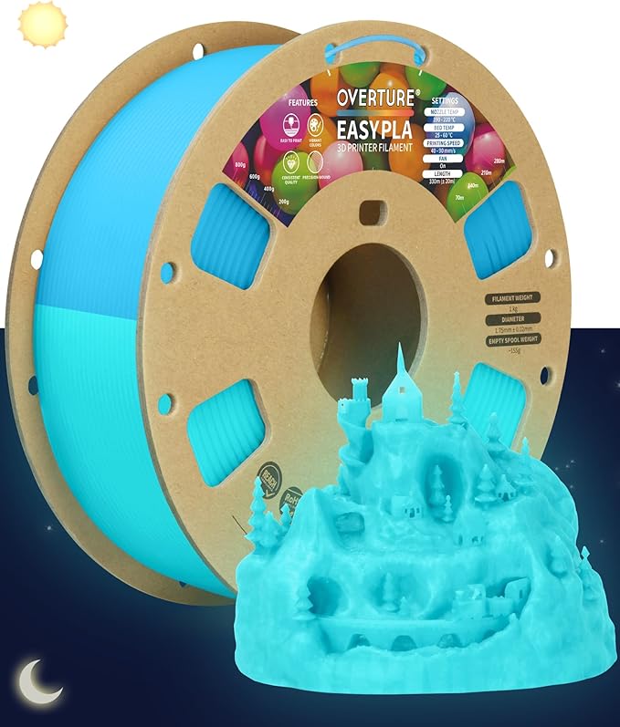 OVERTURE Glow PLA Filament 1.75mm 3D Printer Filament, 1kg Spool (2.2lbs), Dimensional Accuracy +/- 0.02 mm, Fit Most FDM Printer (Glow Blue)