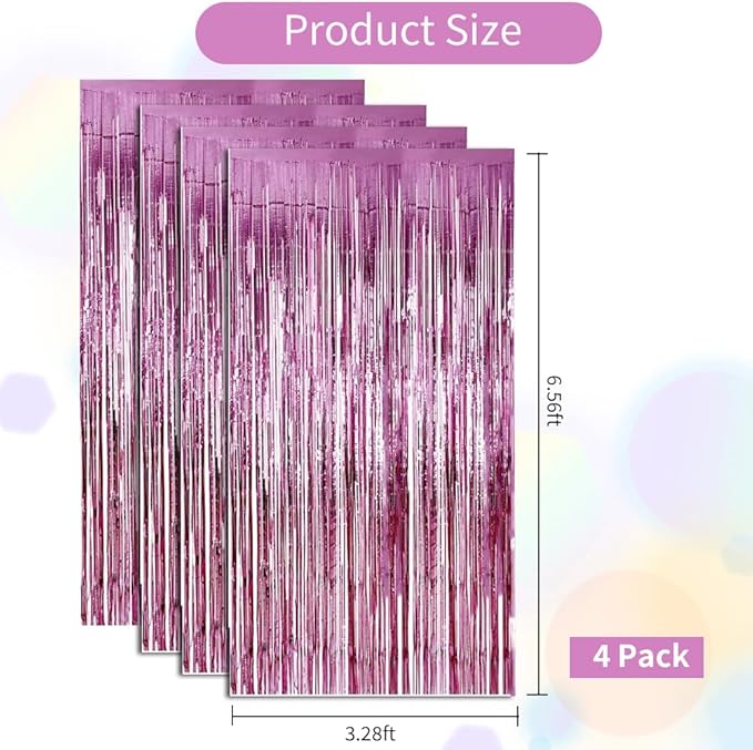 BEISHIDA 4 Pcs Pink Door Streamers Tinsel Curtain Party Streamers Backdrop Fringe Foil Wall Background for Birthday Christmas Wedding Pink Girls Valentine's Day Party Decoration(3.28 ft x 6.56 ft)