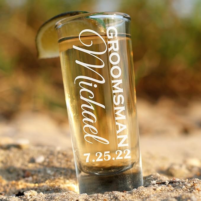 Custom Engraved 2 oz Shot Glass – Personalized Etching – Groomsman & Bridesmaid Gift – Wedding Favor Set of 8