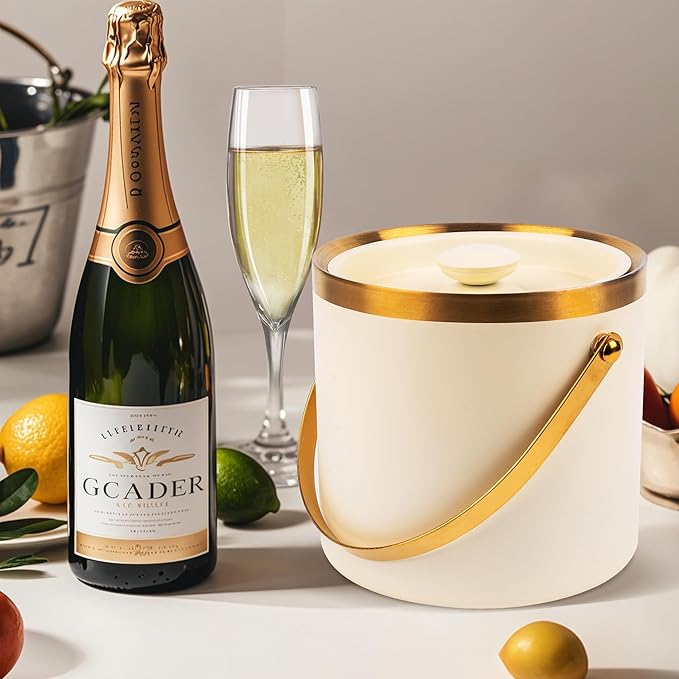 3L beige white Double Wall Insulated Stainless Steel Ice Bucket with scoop for Cocktail Bar,Metal Ice Bucket for freezer with Lid for parties.ice Container to Keep Ice Colder,bar cart accessories