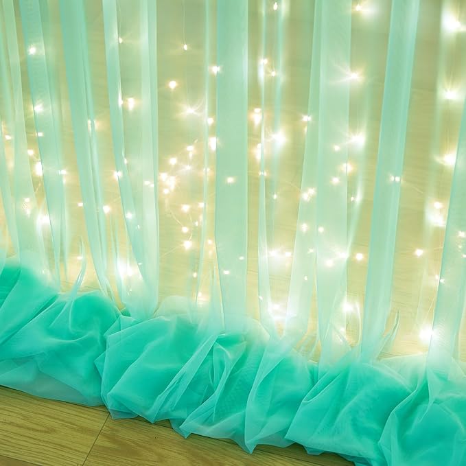 Sage Green Tulle Backdrop Curtains with Lights String for Parites 10x8ft Sheer Backdrop Curtains Drapes for Birthday Party Bridal Shower Baby Shower Christmas Wall Photo Booth Background Decorations