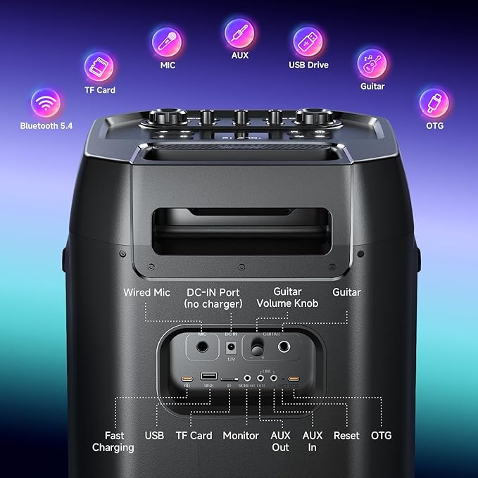 W-KING Portable Speaker Bluetooth Partybox Loud, 370W MAX Pro Sound, Deepest Bass,Large Outdoor Boom Box Wireless,Telescopic Handle&Sturdy Wheels, 25H, Futuristic Light,CSB,MIC&Guitar in,Fast Charge