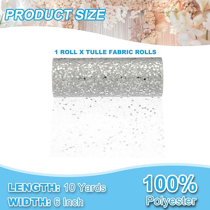 PATIKIL Tulle Fabric Rolls, 6 Inch by 10 Yards Fabric Spool Tulle Sparkling Ribbon Netting Sequin for DIY Tutu Skirts Crafts Wedding Party Decorations, Silver