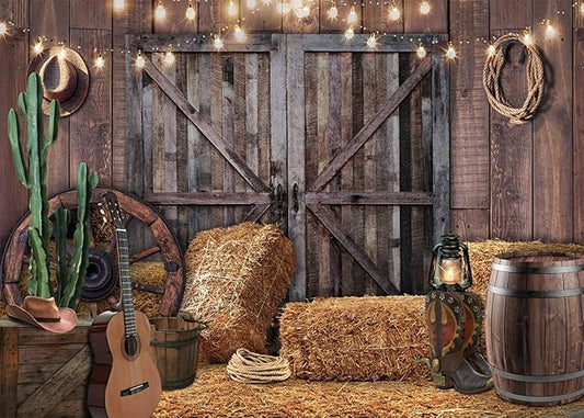 SJOLOON Western Backdrop Rustic Vintage Barn Backdrop Western Themed Party Decoration Photoshoot 12534 (7x5FT)