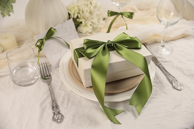 Olive Green Satin Ribbon 1-1/2 inch X Continuous 50 Yards, Single Face Polyester Ribbon Perfect for Gift Wrapping, Flower Bouquet, Wedding Decor, Crafts, Bow Making, Sewing and More