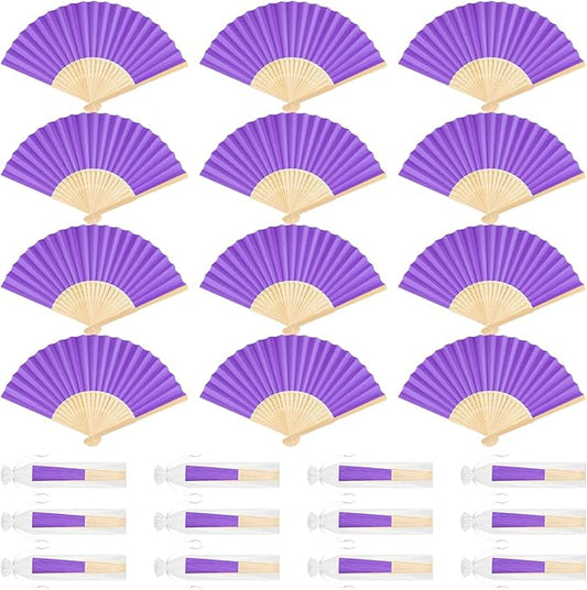 12 Pieces Purple Hand Held Bamboo Folding Fans Paper Fans Handheld for Women Foldable Girls Wedding DIY Decoration Church Home Party Favors Summer
