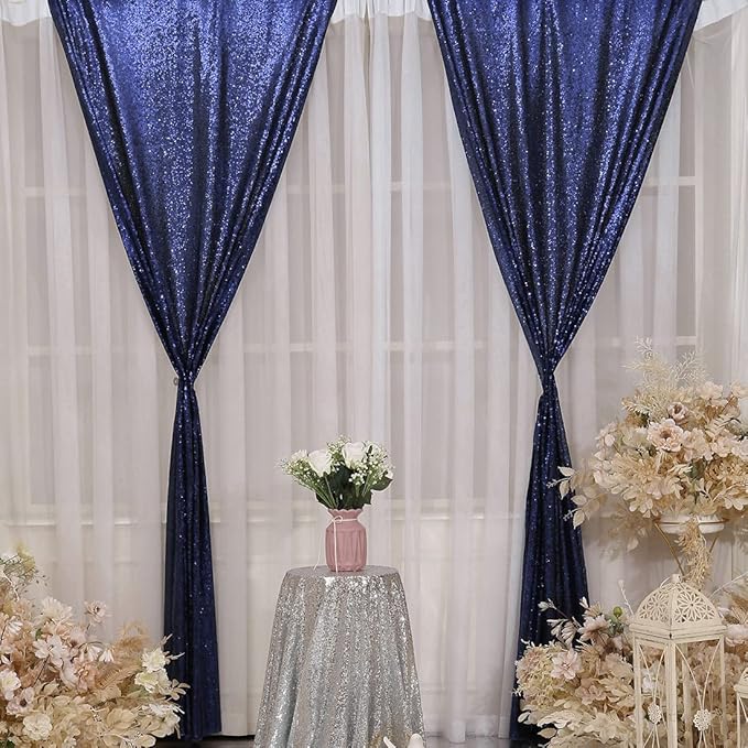 SquarePie Sequin Backdrop Curtain 2FT x 8FT Navy Blue 2pcs Curtain Background for Wedding Party