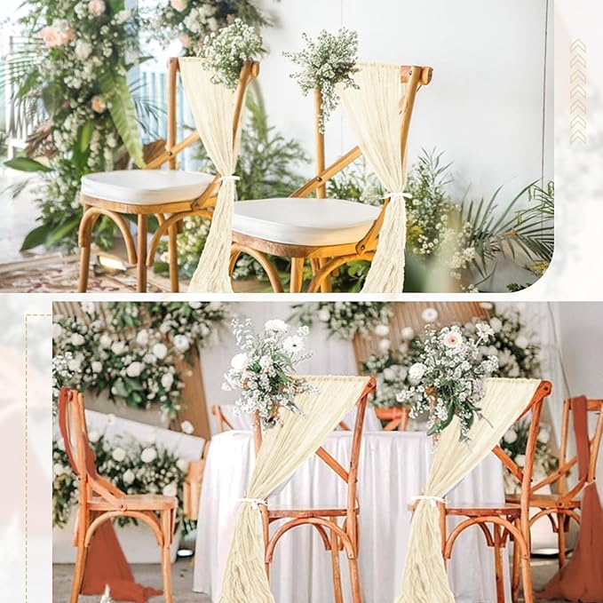 50 PCS Cheesecloth Chair Sashes Bows Wedding Aisle Decorations Chair Ribbon Ties Back Sash for Wedding Party Events Banquet Chair Cover Decoration (Ivory)
