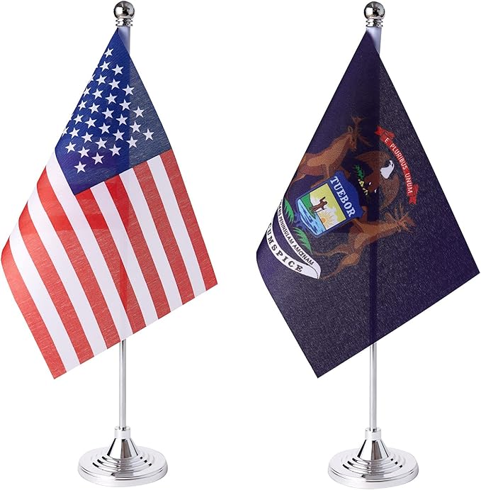 ZXvZYT 2 Pack American US Michigan flag USA Michigan MI State table flag,Small Mini United States Desk Flags With Stand Base,for U.S. States Party Events Celebration Decorations Supplies
