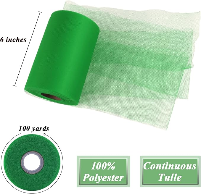Classic Green Tulle Fabric Roll 6" by 100 Yards (300 ft) Soft Tulle Spool for DIY Crafting Favor Supplies, Tutus, Wedding, Party Decorations, Gift Wrapping