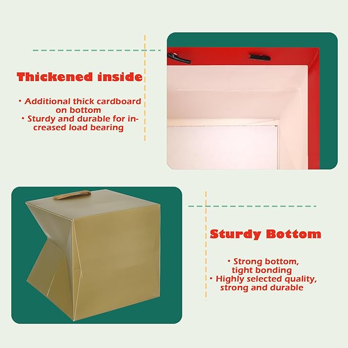 ADIDO EVA Gold Square Gift Bags Large Size Square Bottom Paper Bags with Handles for Party Favor, Shopping Bag (12x12x12 In, 10 CT)