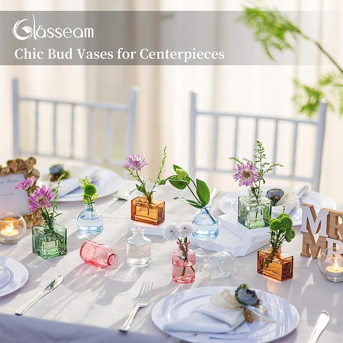 Glasseam Mini Bud Vases in Bulk 40: Colored Small Flower Vases for Centerpieces Cute Tiny Glass Vase for Flowers Modern Decorative Wedding Table Centerpiece for Dining Room Decor