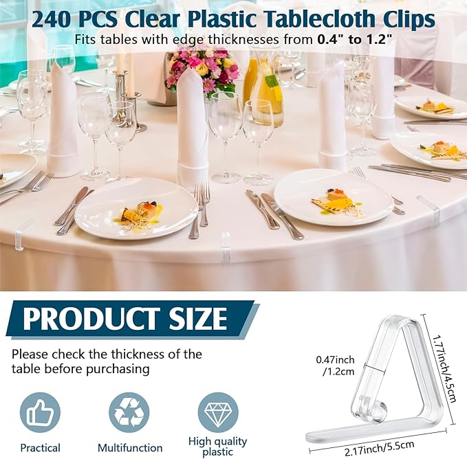 Wenqik 240 Pcs Tablecloth Clips Transparent Clear Plastic Table Cloth Holders Clips Table Cloth Clamps for Indoor Outdoor Birthday Home Wedding Camping Picnic Party Supplies