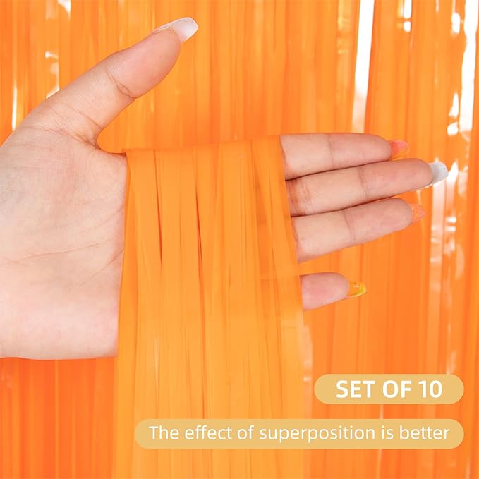 10 Pack Orange Foil Curtain Backdrop 3.2ft x 8.2ft Macaron Tinsel Foil Fringe Curtains Streamer Photo Booth Backdrop for Birthday Party Baby Shower Engagement Wedding Holiday Decor (Macaron Orange)