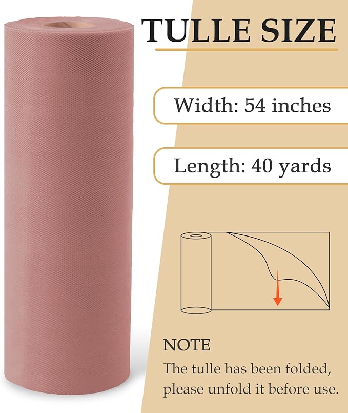 Dusty Rose Tulle Fabric Roll, 54" x 40 Yards (120FT) Tulle for Wedding Decoration DIY Tutu Party Backdrop Baby Shower Table Skirts Gift Wrapping