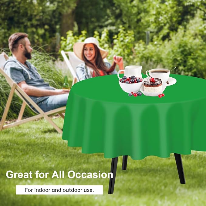 QIKSION Green Round Tablecloth 2 Pack, 84 Inch Plastic Table Cover Disposable for Parties