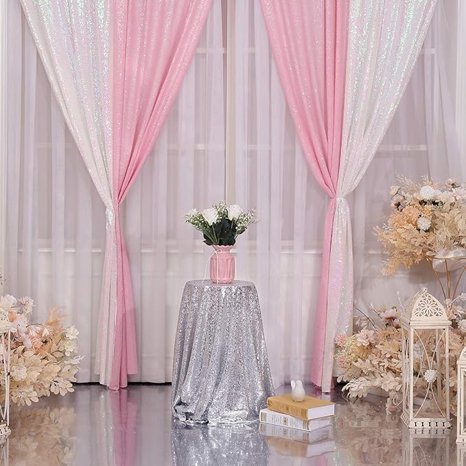 Poise3EHome 2Pcs 3Ft x 8Ft Pink Sequin Backdrop Curtain, Glitter Photography Background, Sequence Xmas Thanksgiving Backdrop for Wedding Party Holiday Festival Decor