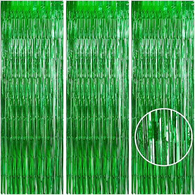 TONIFUL 3Pcs Laser Green Door Streamers, Metallic Streamers Foil Fringe Curtains for Birthday, Christmas, New Year, Bachelorette, Grad Party (9.9ft x 6.6ft)