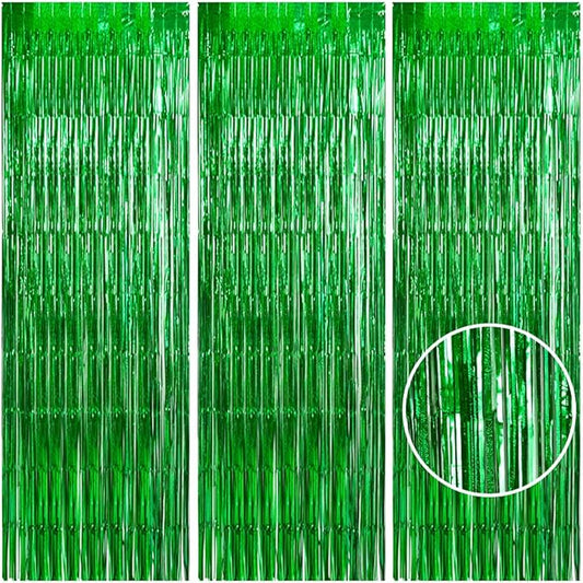 TONIFUL 3Pcs Laser Green Door Streamers, Metallic Streamers Foil Fringe Curtains for Birthday, Christmas, New Year, Bachelorette, Grad Party (9.9ft x 6.6ft)