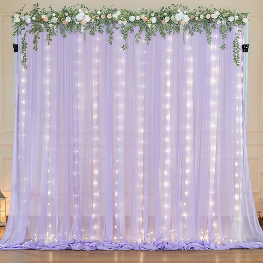 10ft x 7ft Lavender Chiffon Backdrop Curtain with Lights String for Parites Wedding Wrinkle Free Curtain Photo Backdrops Drapes for Baby Shower Birthday Party Home Decorations
