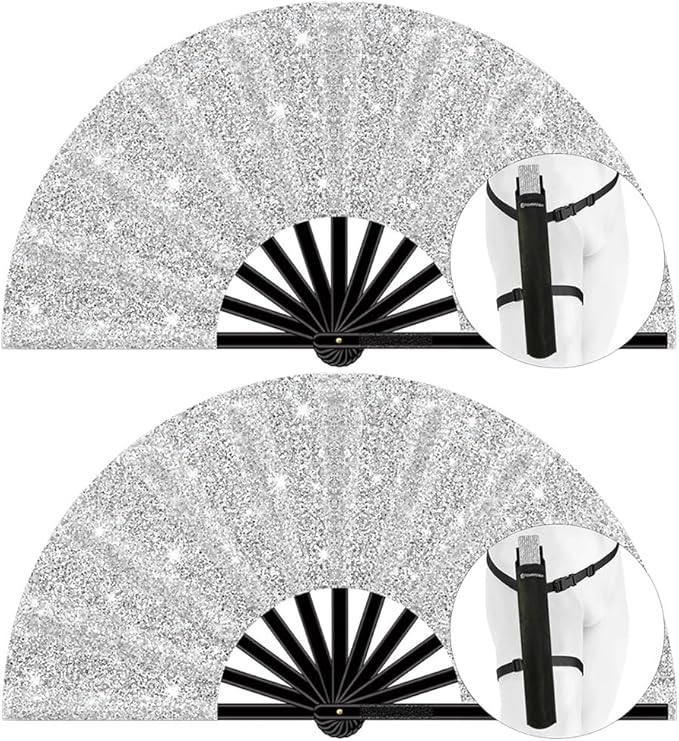 13" Large Folding Rave Fan with Holster, Clack Hand Fans Foldable for Line Dancing, Boots On The Ground Fan for Women Men Festival EDM Party Decoration, Glitter Silver 2 Pack